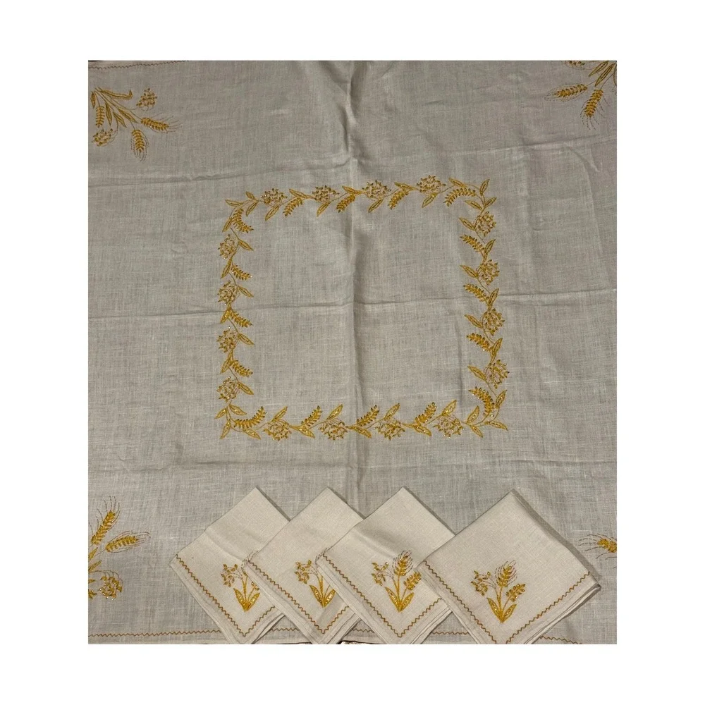 Vintage Linen Tablecloth & 4 Napkins Gold Floral Wheat Embroidered 37x38 Set 70s